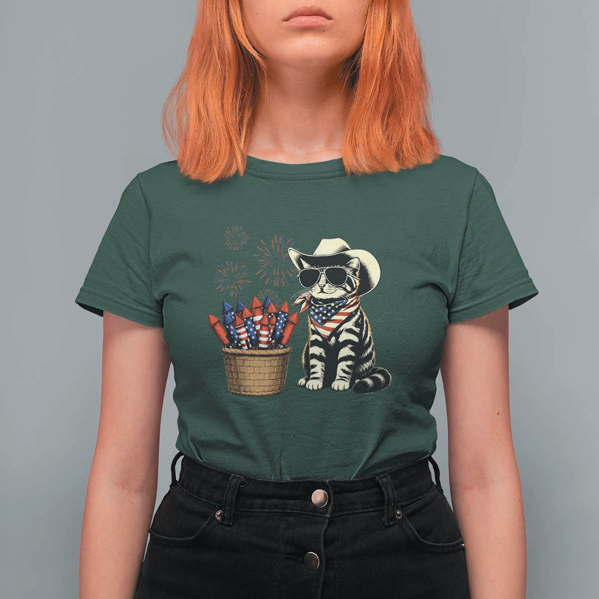 Patriotic Cowboy Cat T Shirt For Women 4th Of July Fireworks Celebration