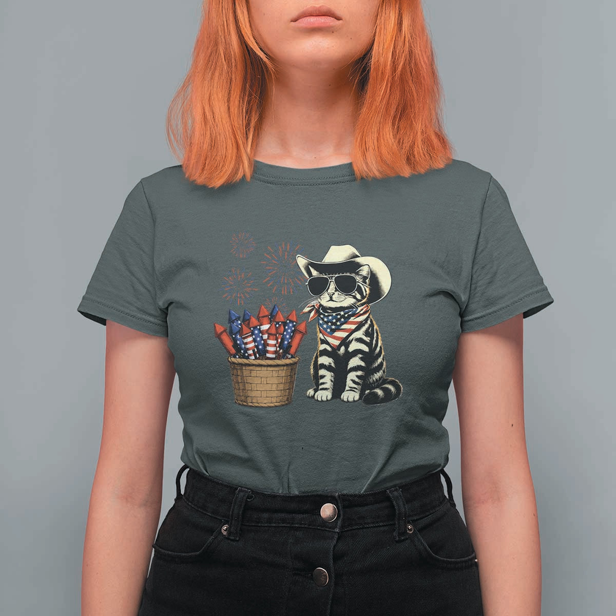 Patriotic Cowboy Cat T Shirt For Women 4th Of July Fireworks Celebration