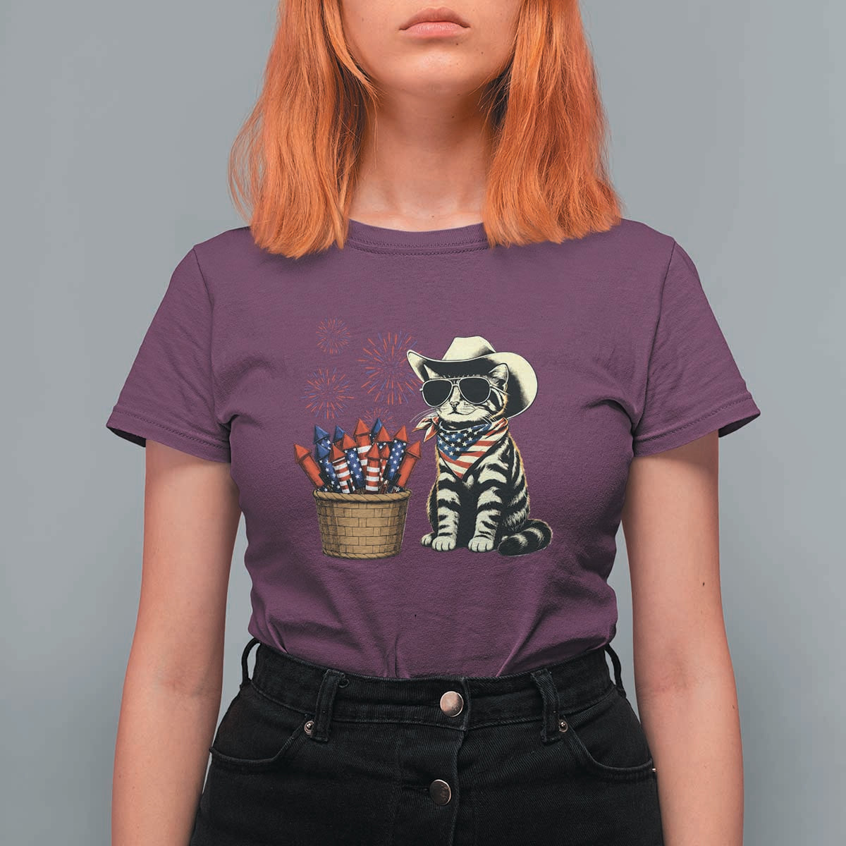 Patriotic Cowboy Cat T Shirt For Women 4th Of July Fireworks Celebration