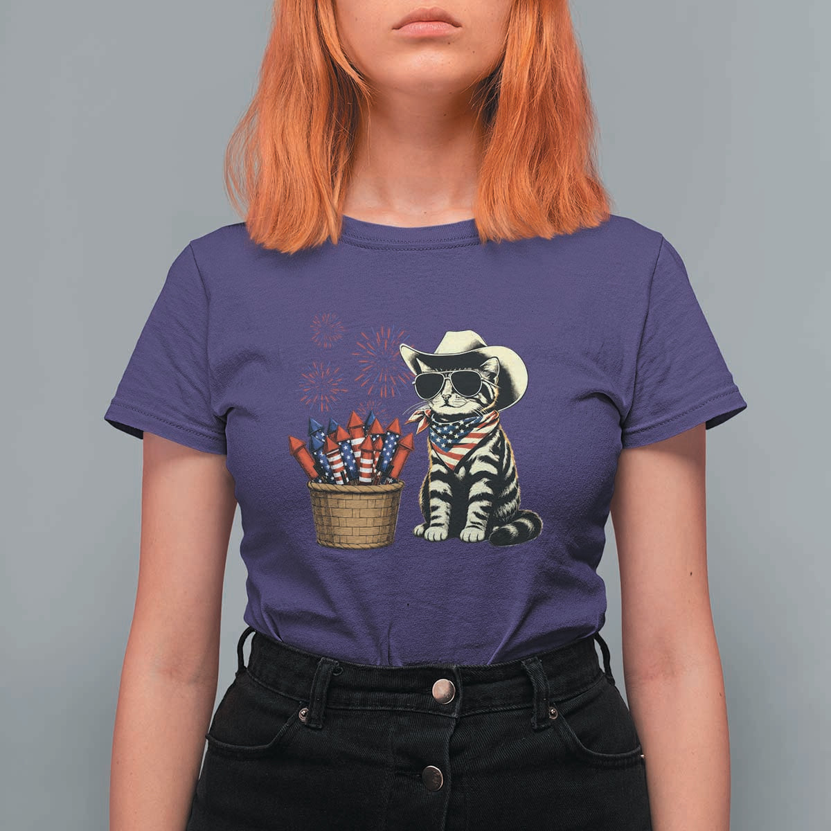 Patriotic Cowboy Cat T Shirt For Women 4th Of July Fireworks Celebration
