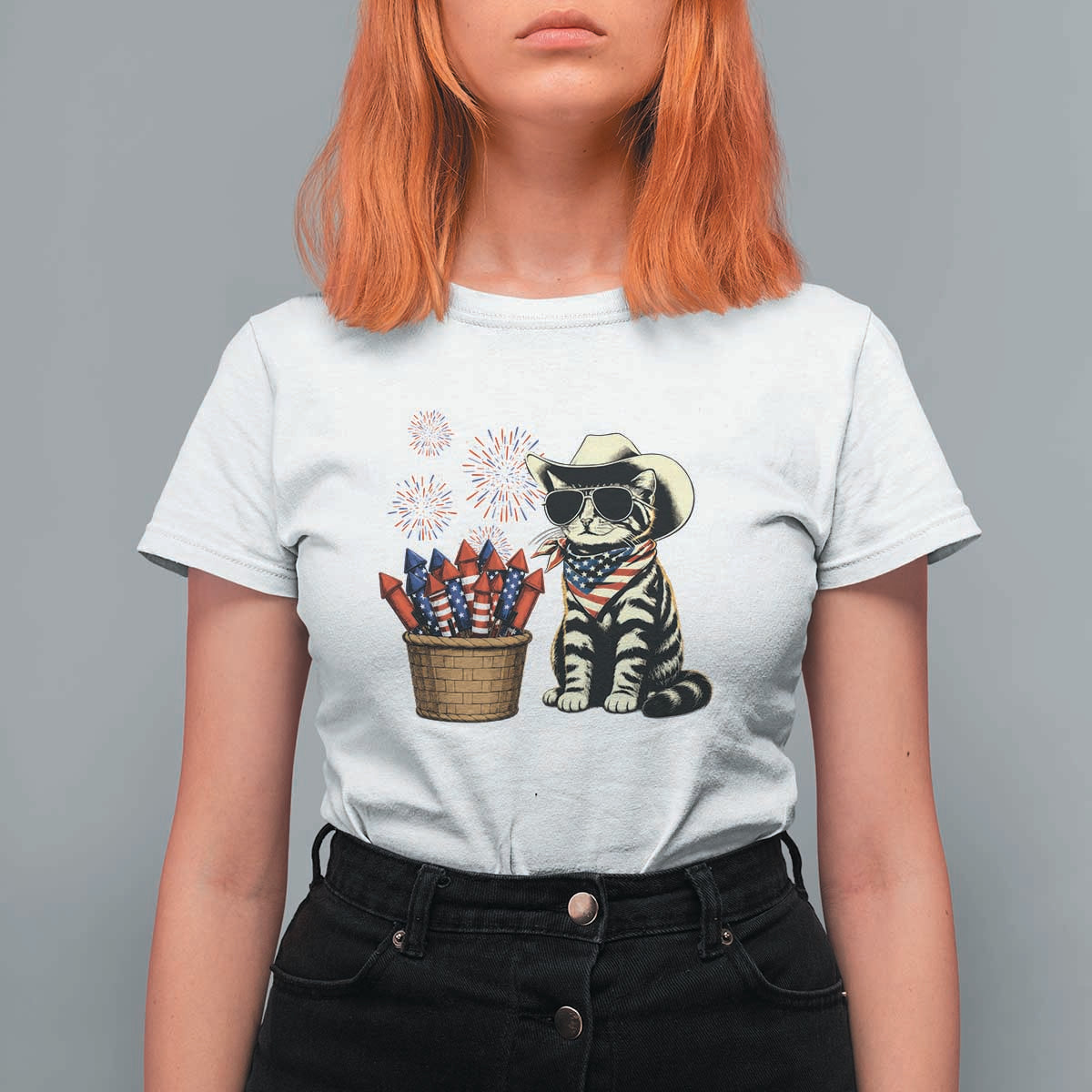 Patriotic Cowboy Cat T Shirt For Women 4th Of July Fireworks Celebration
