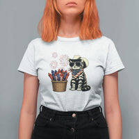Patriotic Cowboy Cat T Shirt For Women 4th Of July Fireworks Celebration