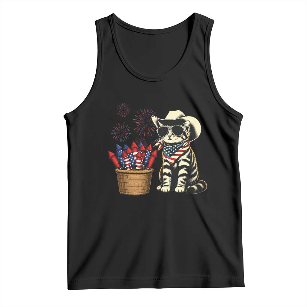 Patriotic Cowboy Cat Tank Top 4th Of July Fireworks Celebration