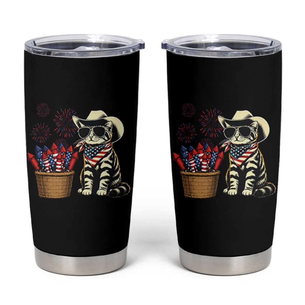 Patriotic Cowboy Cat Tumbler Cup 4th Of July Fireworks Celebration