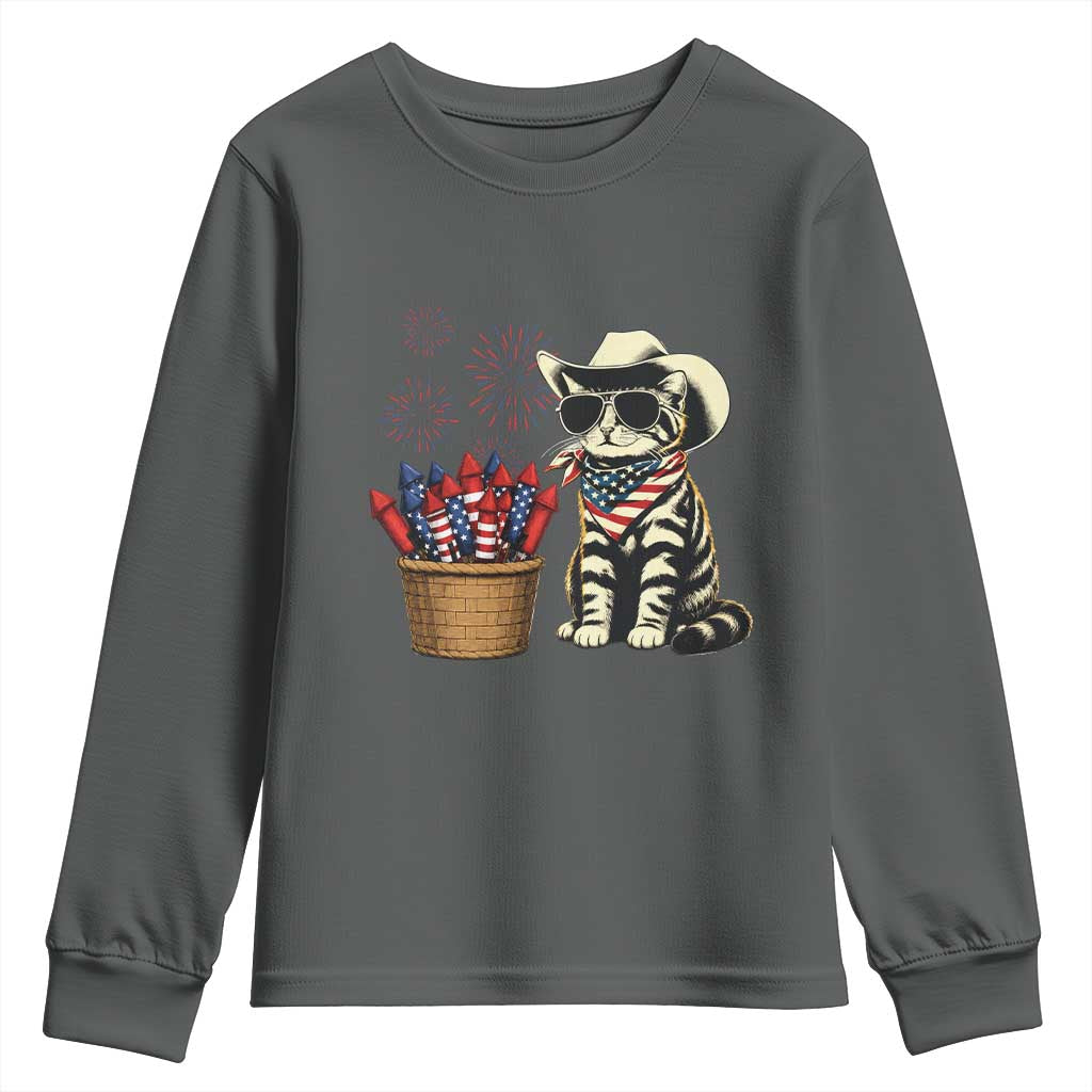 Patriotic Cowboy Cat Youth Sweatshirt 4th Of July Fireworks Celebration