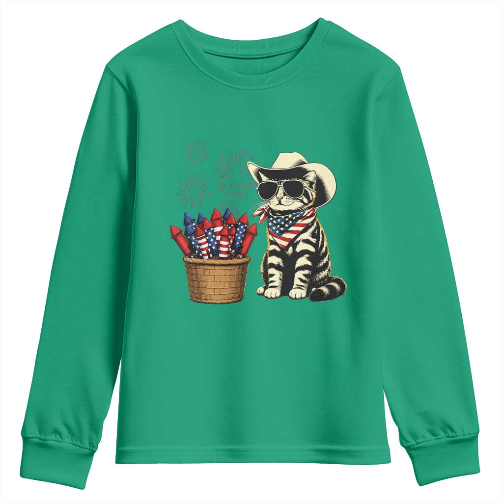 Patriotic Cowboy Cat Youth Sweatshirt 4th Of July Fireworks Celebration