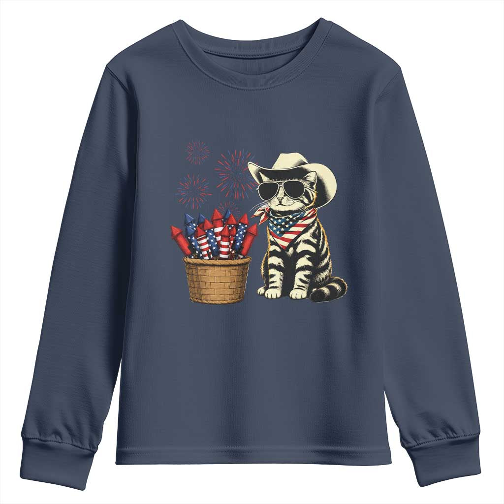 Patriotic Cowboy Cat Youth Sweatshirt 4th Of July Fireworks Celebration