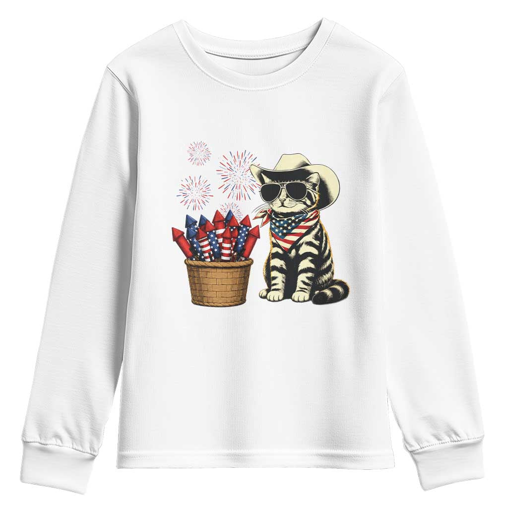 Patriotic Cowboy Cat Youth Sweatshirt 4th Of July Fireworks Celebration