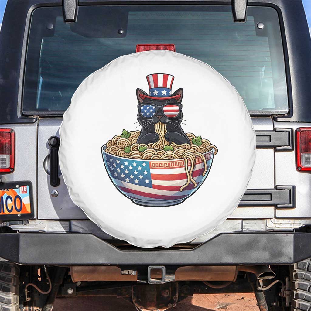 Funny Black Cats Eat Ramen Spare Tire Cover American Flag 4th Of July
