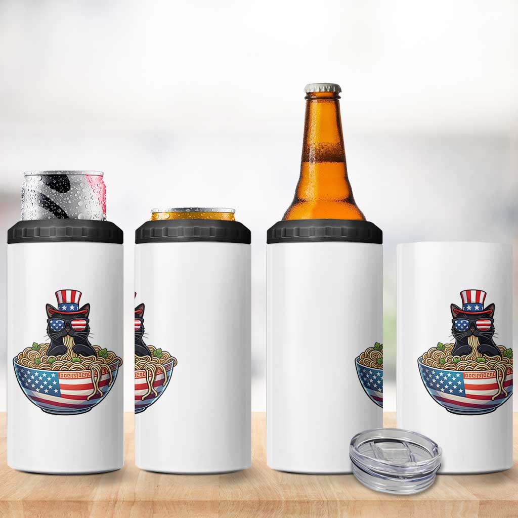 Funny Black Cats Eat Ramen 4 in 1 Can Cooler Tumbler American Flag 4th Of July