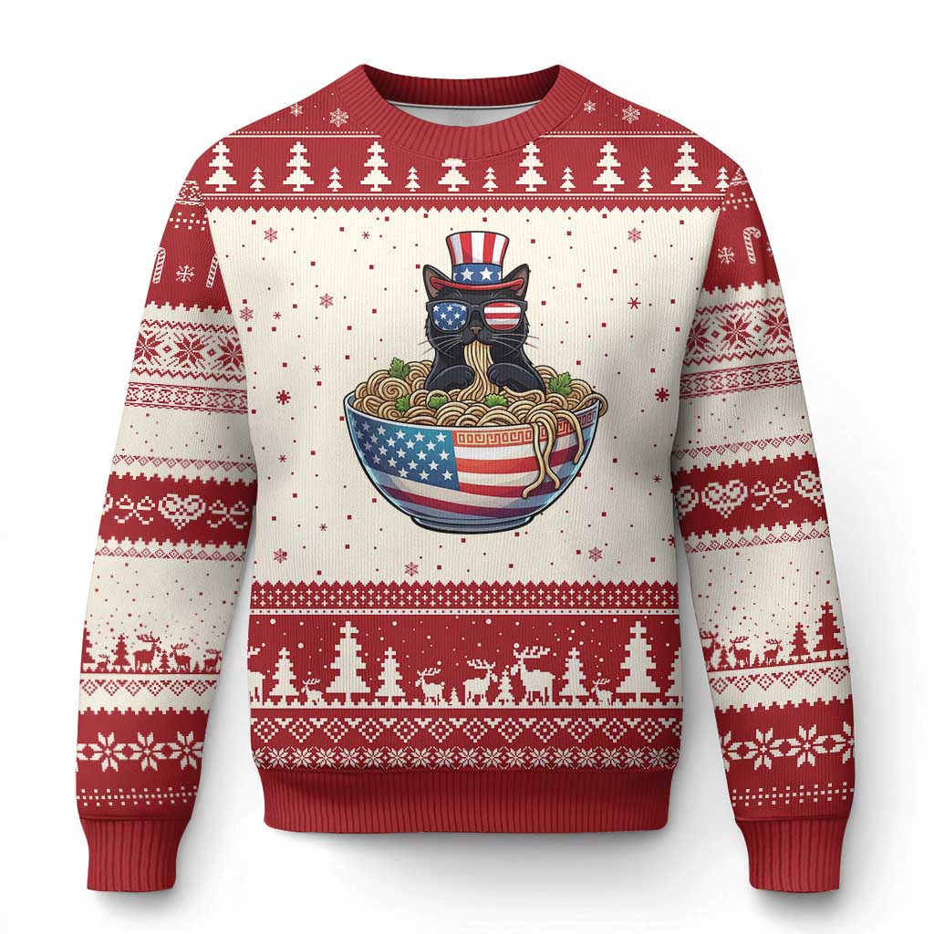 Funny Black Cats Eat Ramen Ugly Christmas Sweater American Flag 4th Of July