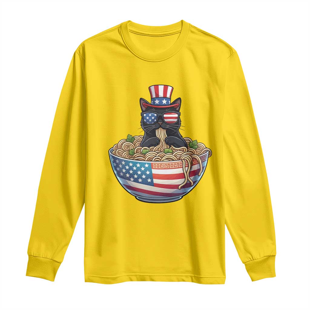 Funny Black Cats Eat Ramen Long Sleeve Shirt American Flag 4th Of July