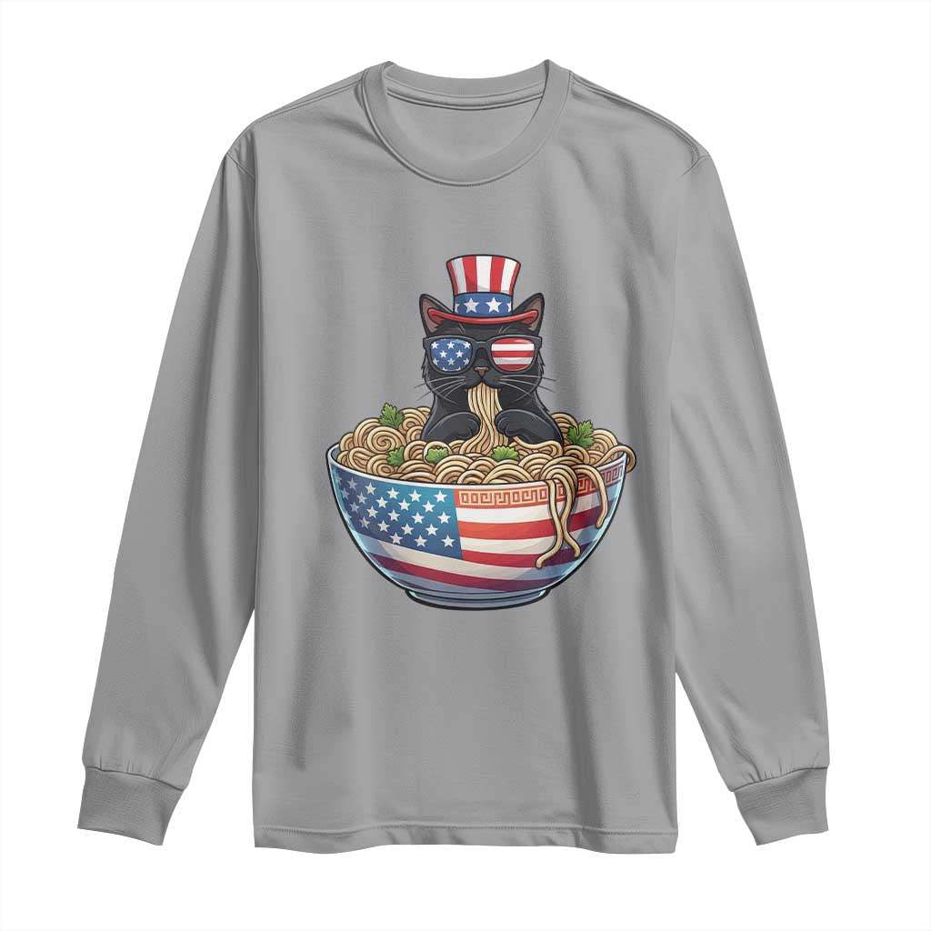 Funny Black Cats Eat Ramen Long Sleeve Shirt American Flag 4th Of July