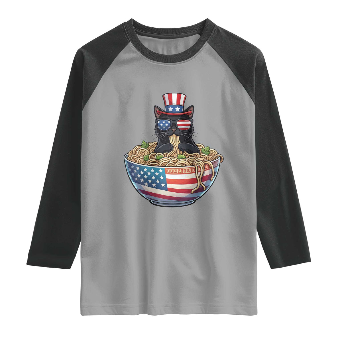Funny Black Cats Eat Ramen Raglan Shirt American Flag 4th Of July