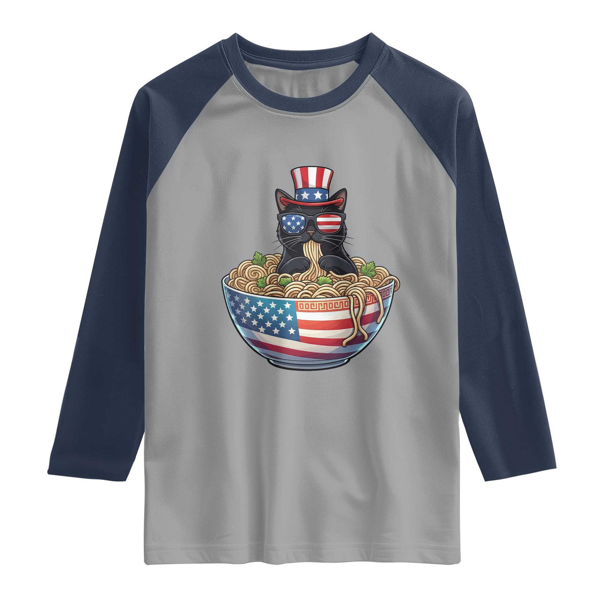 Funny Black Cats Eat Ramen Raglan Shirt American Flag 4th Of July