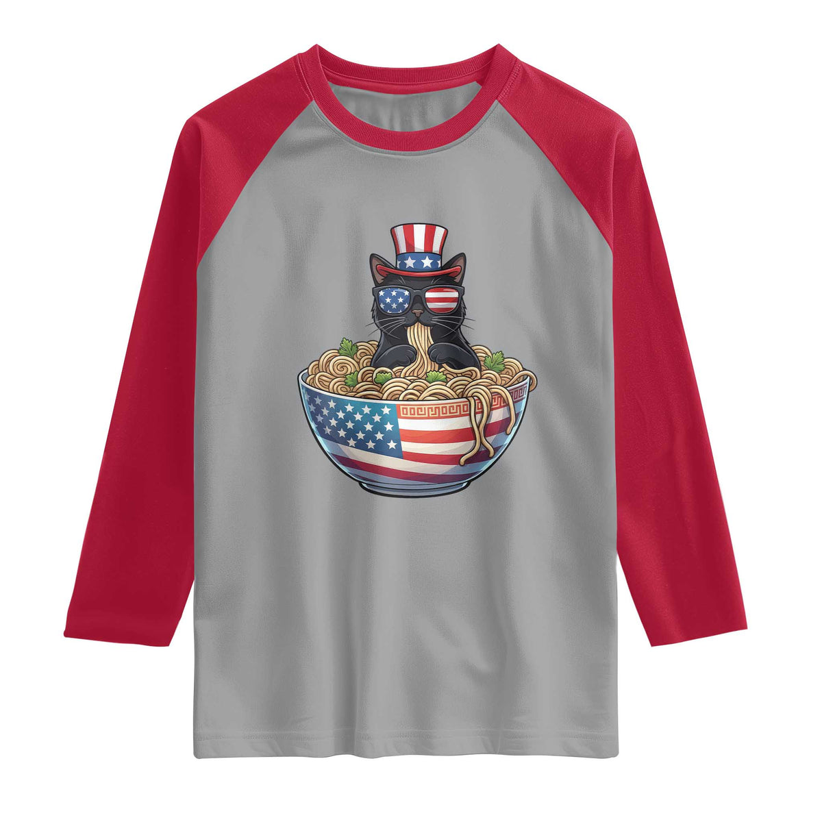 Funny Black Cats Eat Ramen Raglan Shirt American Flag 4th Of July