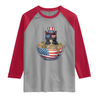Funny Black Cats Eat Ramen Raglan Shirt American Flag 4th Of July