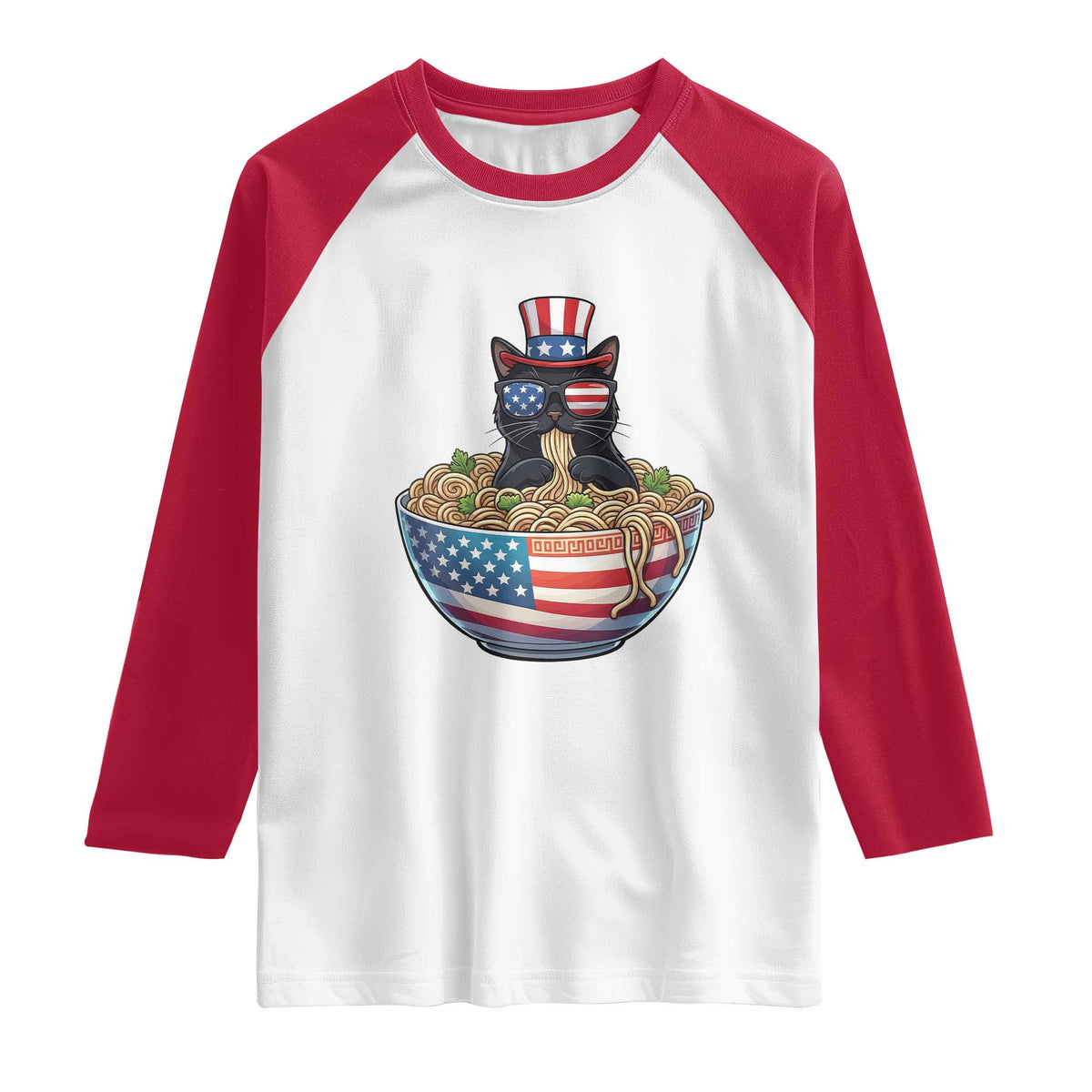 Funny Black Cats Eat Ramen Raglan Shirt American Flag 4th Of July