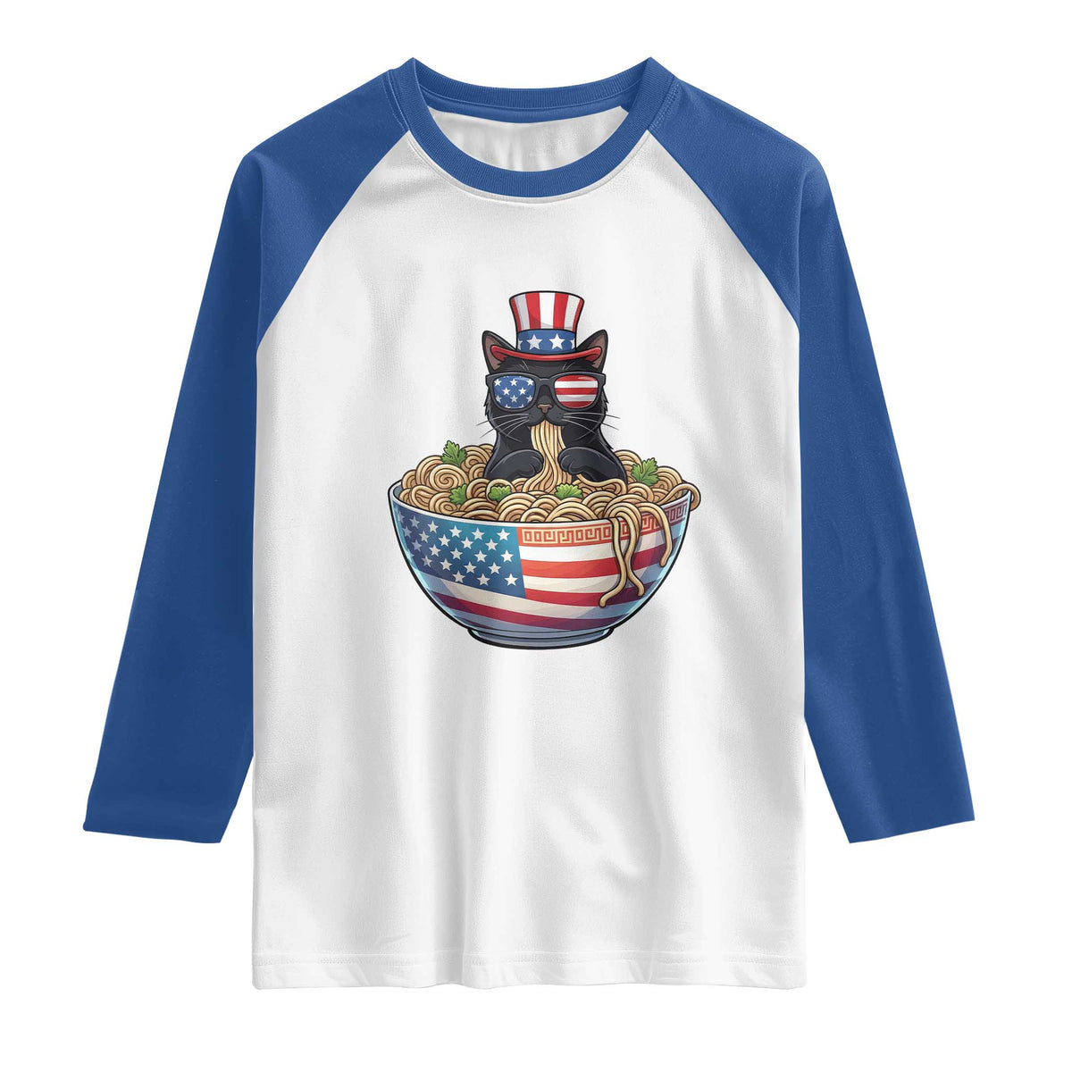 Funny Black Cats Eat Ramen Raglan Shirt American Flag 4th Of July