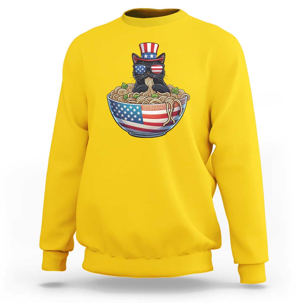 Funny Black Cats Eat Ramen Sweatshirt American Flag 4th Of July