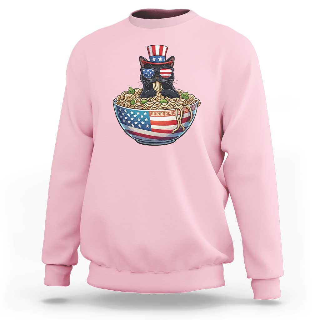 Funny Black Cats Eat Ramen Sweatshirt American Flag 4th Of July