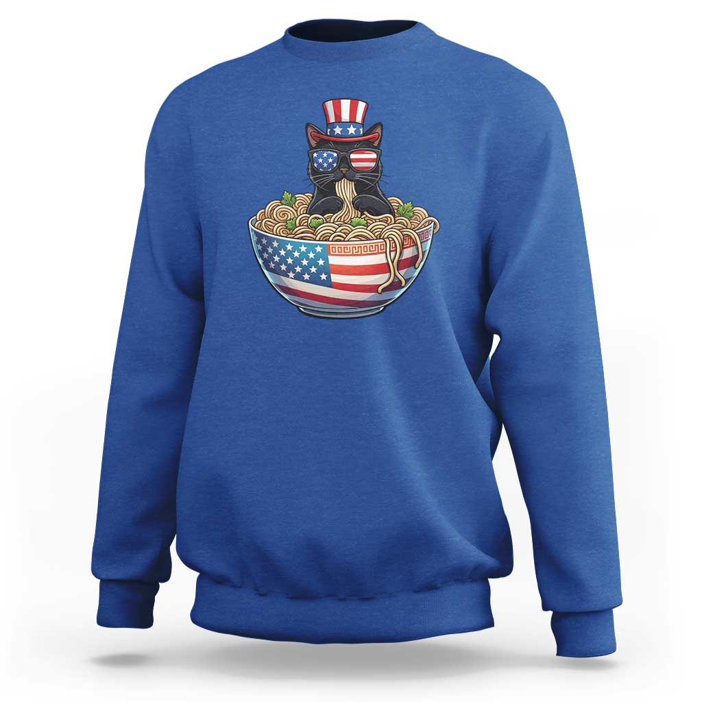 Funny Black Cats Eat Ramen Sweatshirt American Flag 4th Of July