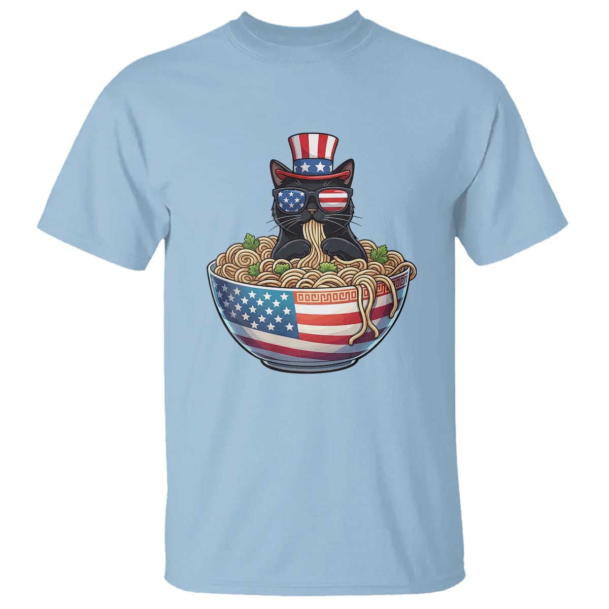 Funny Black Cats Eat Ramen T Shirt American Flag 4th Of July