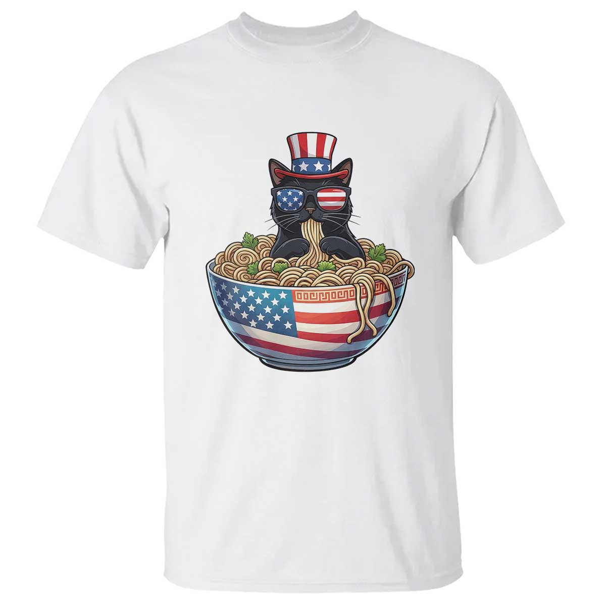 Funny Black Cats Eat Ramen T Shirt American Flag 4th Of July