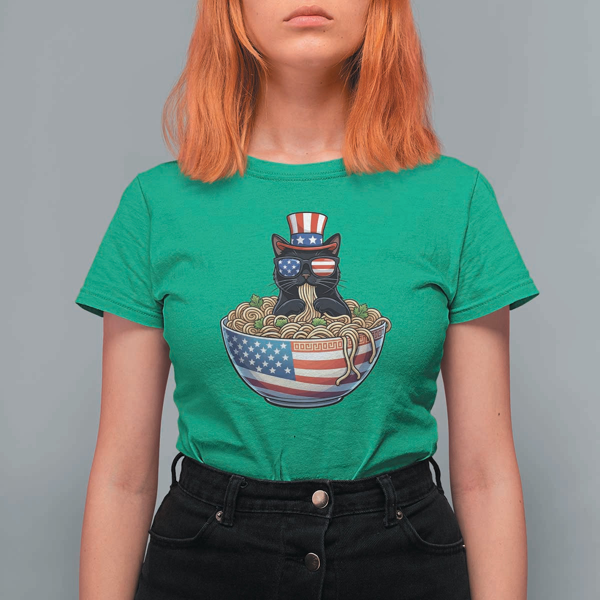 Funny Black Cats Eat Ramen T Shirt For Women American Flag 4th Of July