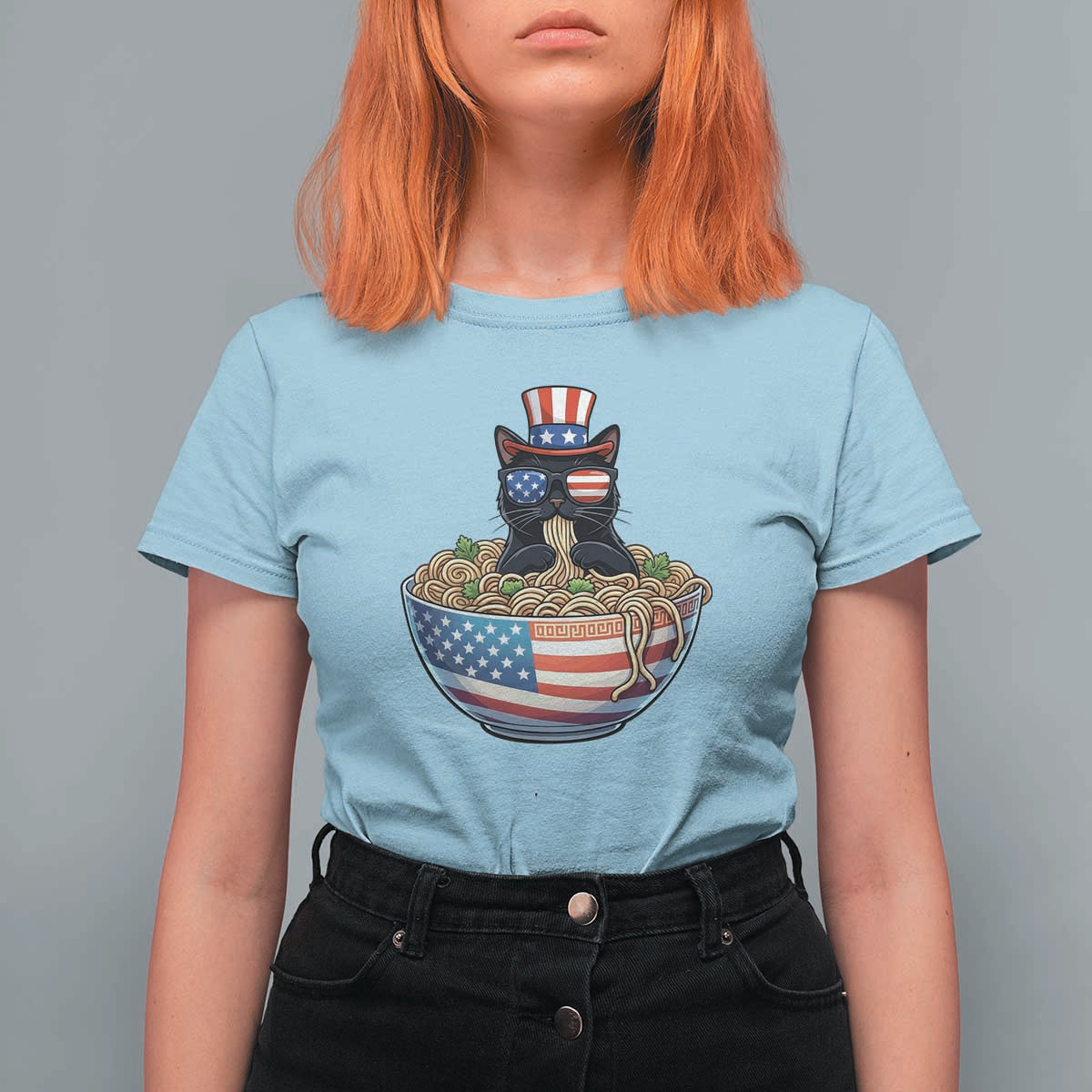 Funny Black Cats Eat Ramen T Shirt For Women American Flag 4th Of July