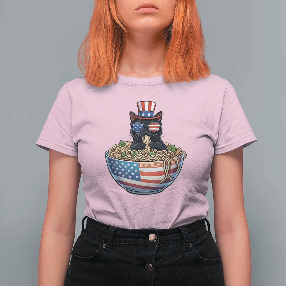 Funny Black Cats Eat Ramen T Shirt For Women American Flag 4th Of July