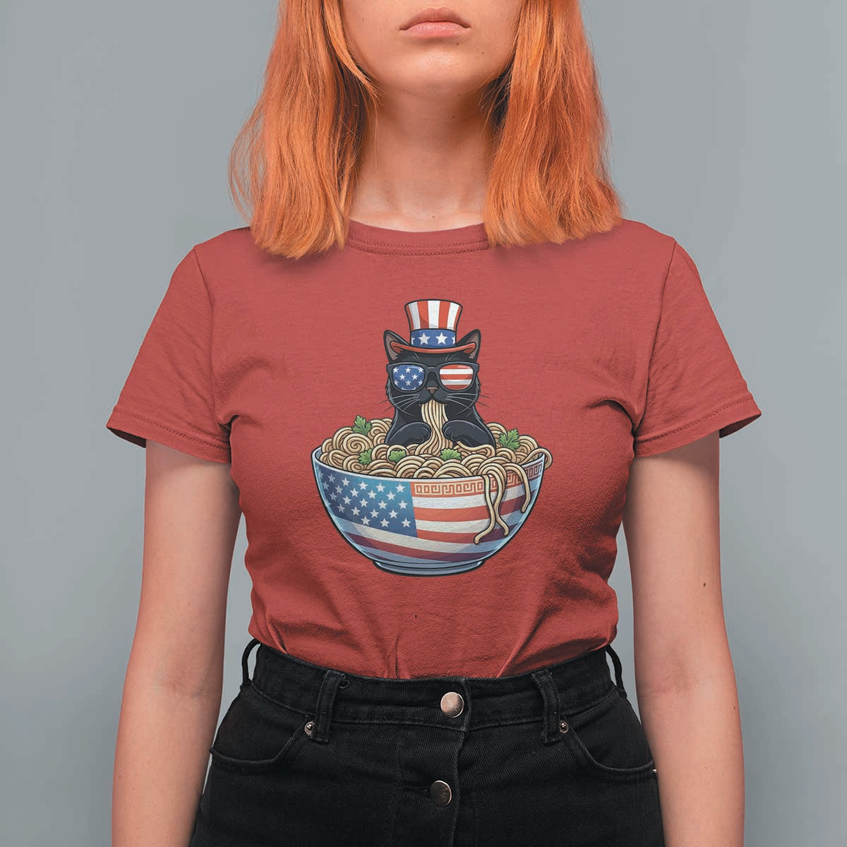 Funny Black Cats Eat Ramen T Shirt For Women American Flag 4th Of July