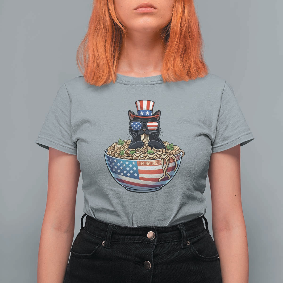 Funny Black Cats Eat Ramen T Shirt For Women American Flag 4th Of July