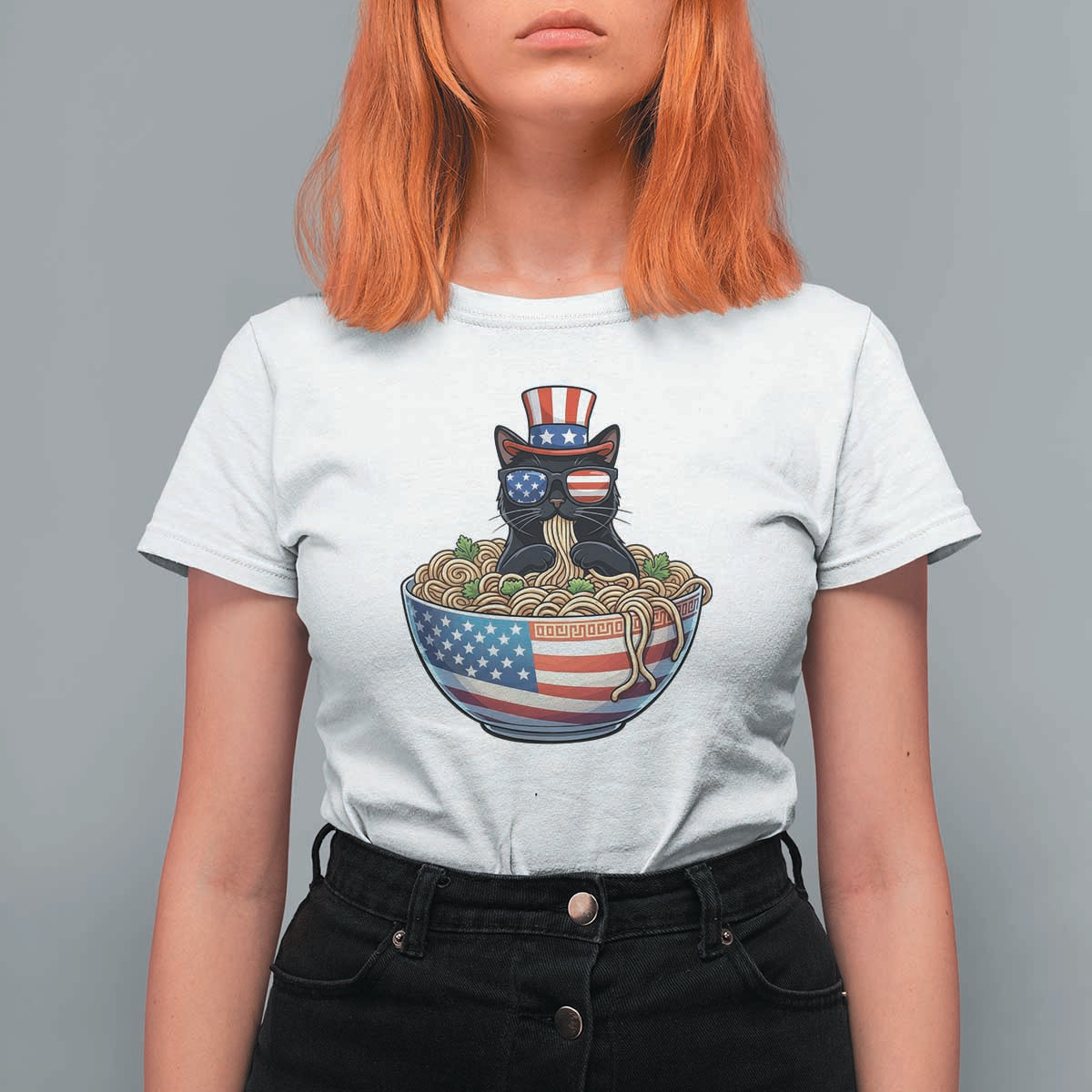 Funny Black Cats Eat Ramen T Shirt For Women American Flag 4th Of July