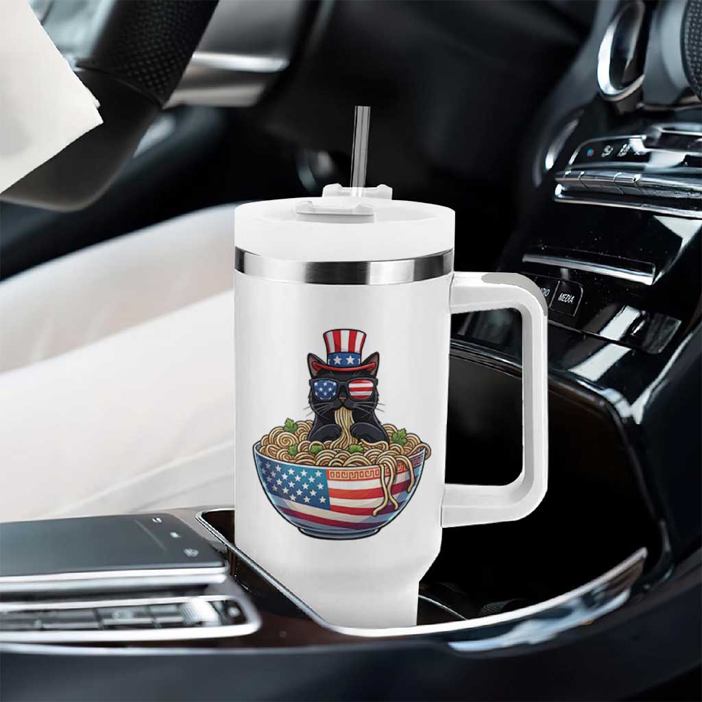 Funny Black Cats Eat Ramen Tumbler With Handle American Flag 4th Of July