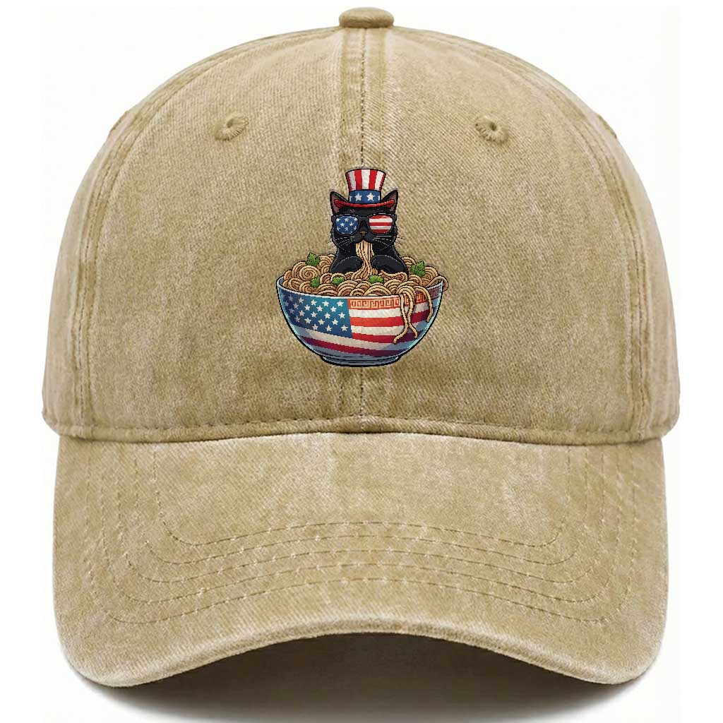 Funny Black Cats Eat Ramen Washed Cotton Baseball Cap American Flag 4th Of July