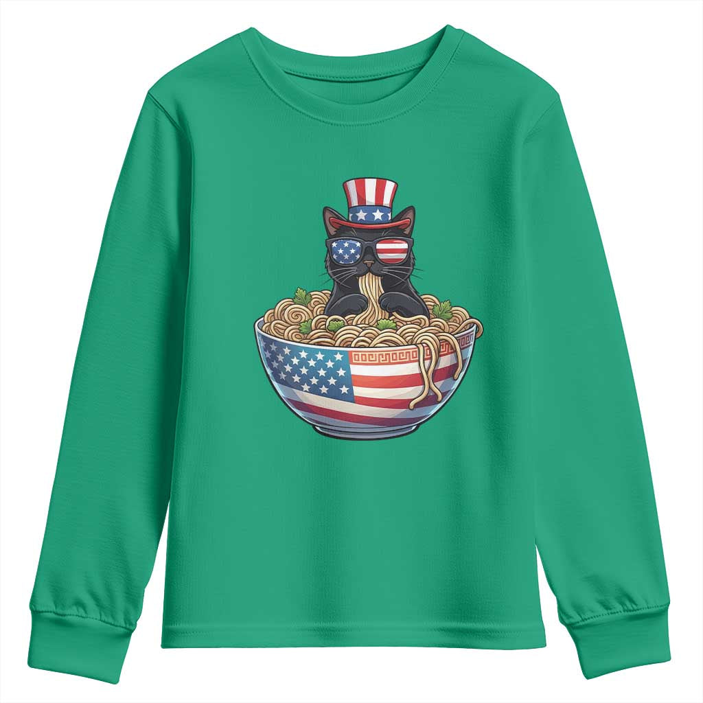 Funny Black Cats Eat Ramen Youth Sweatshirt American Flag 4th Of July
