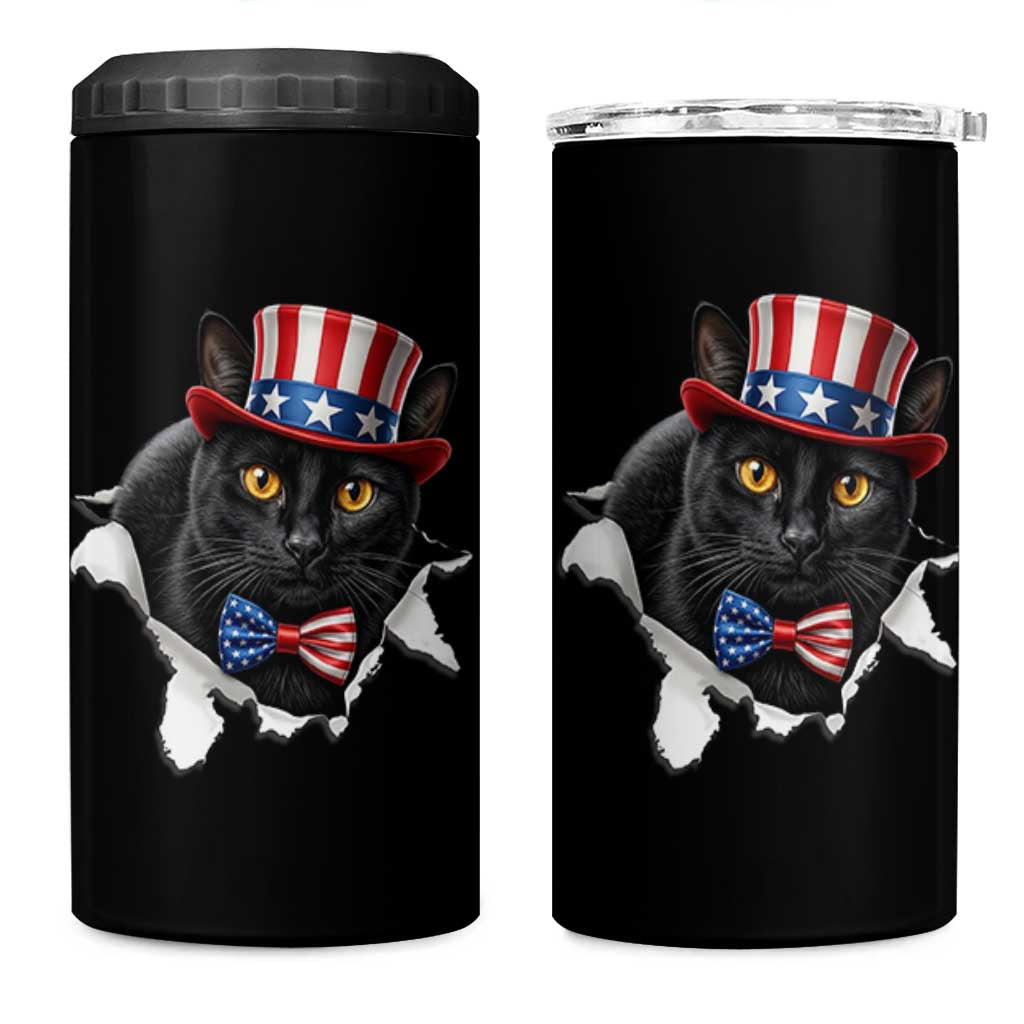 Funny Black Cat With Uncle Sam Hat 4 in 1 Can Cooler Tumbler Patriotic Pet Lover