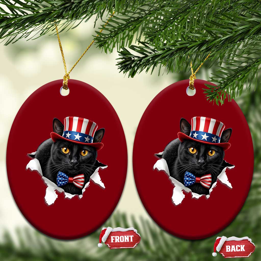 Funny Black Cat With Uncle Sam Hat Ceramic Ornament Patriotic Pet Lover