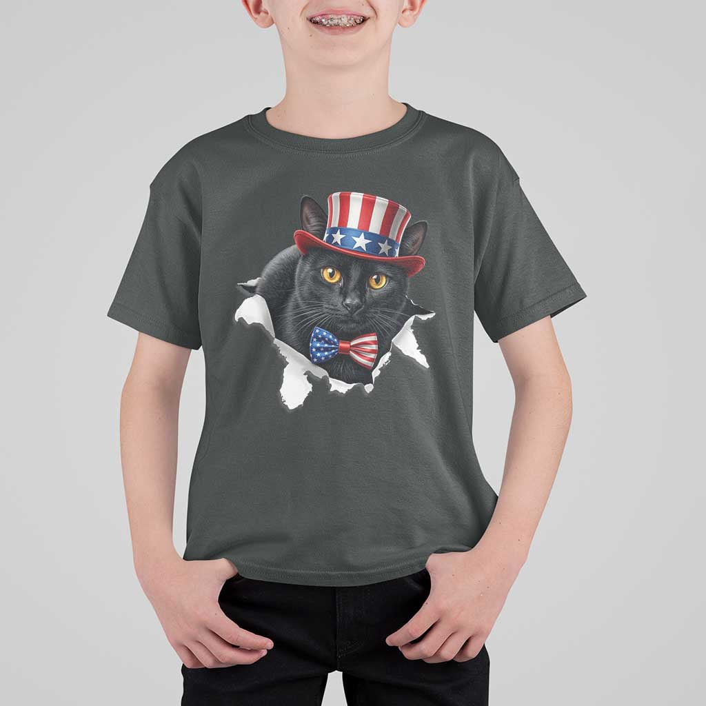 Funny Black Cat With Uncle Sam Hat T Shirt For Kid Patriotic Pet Lover