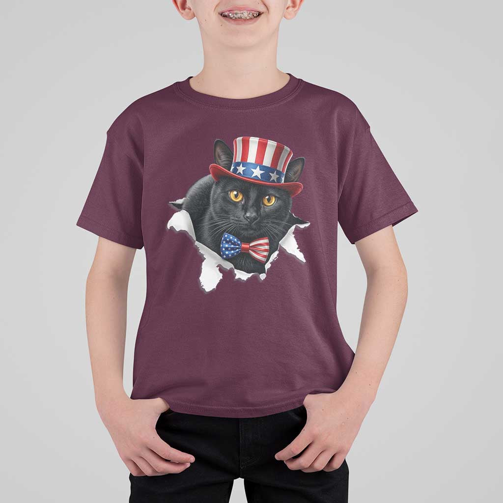 Funny Black Cat With Uncle Sam Hat T Shirt For Kid Patriotic Pet Lover