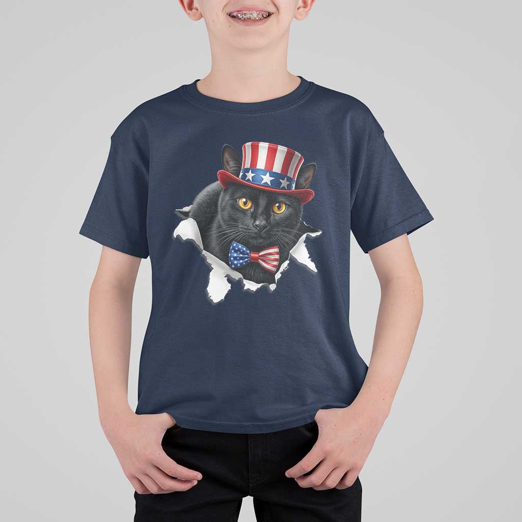 Funny Black Cat With Uncle Sam Hat T Shirt For Kid Patriotic Pet Lover