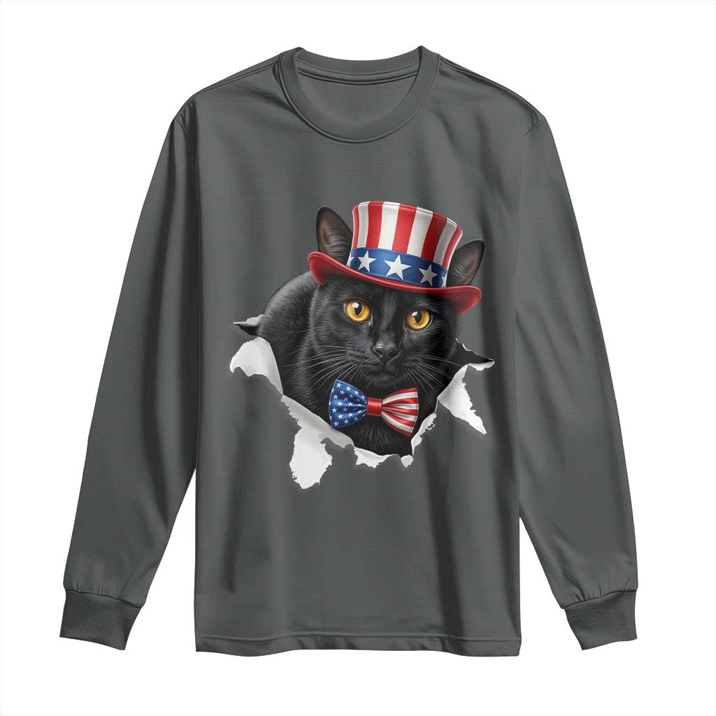 Funny Black Cat With Uncle Sam Hat Long Sleeve Shirt Patriotic Pet Lover