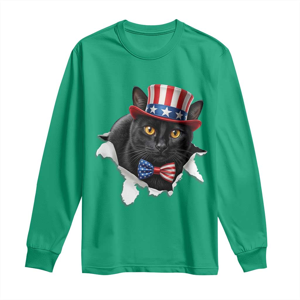 Funny Black Cat With Uncle Sam Hat Long Sleeve Shirt Patriotic Pet Lover