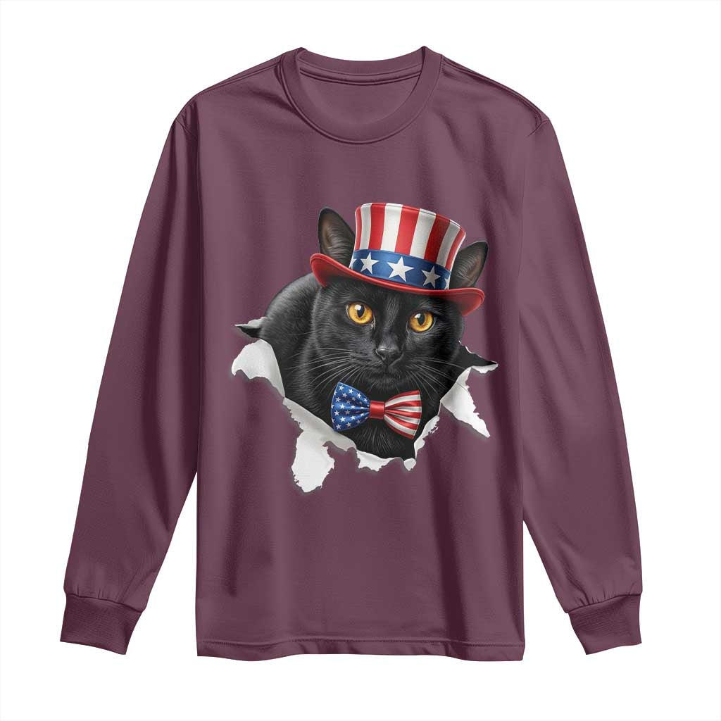 Funny Black Cat With Uncle Sam Hat Long Sleeve Shirt Patriotic Pet Lover