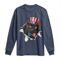 Funny Black Cat With Uncle Sam Hat Long Sleeve Shirt Patriotic Pet Lover