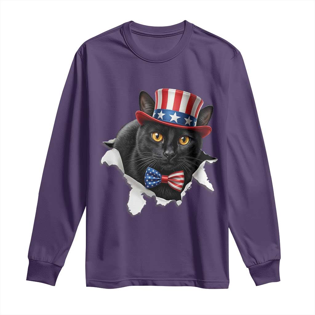 Funny Black Cat With Uncle Sam Hat Long Sleeve Shirt Patriotic Pet Lover