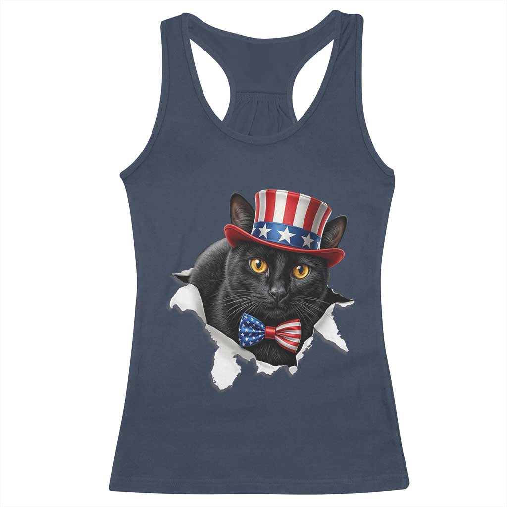 Funny Black Cat With Uncle Sam Hat Racerback Tank Top Patriotic Pet Lover