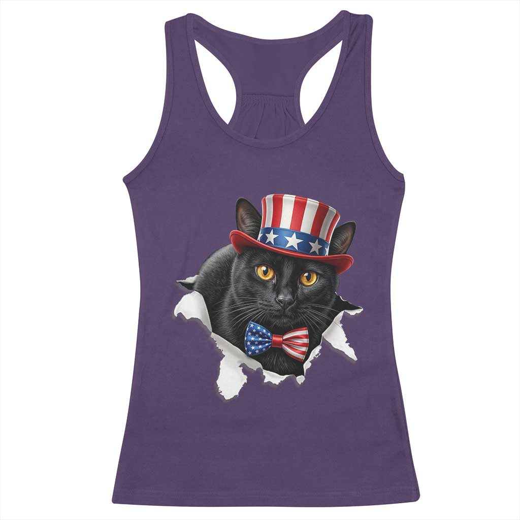 Funny Black Cat With Uncle Sam Hat Racerback Tank Top Patriotic Pet Lover