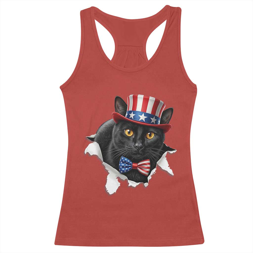 Funny Black Cat With Uncle Sam Hat Racerback Tank Top Patriotic Pet Lover